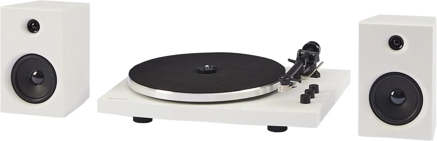 Crosley T150C-WH 2-Speed Bluetooth Turntable Record Player System with Weighted Tone Arm and Stereo Speakers, White