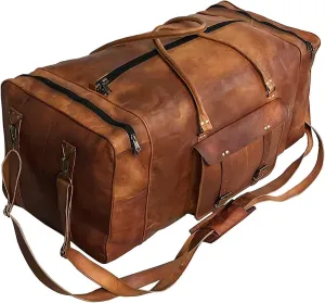 Cuero Leather Duffle Bag for Men & Women, 50L Overnight Weekender Garment Duffel Bags for Travel with Free Toiletry Bag, Carry On Mens Weekend Bag for Traveling, Gym - 21 Inch, Brown