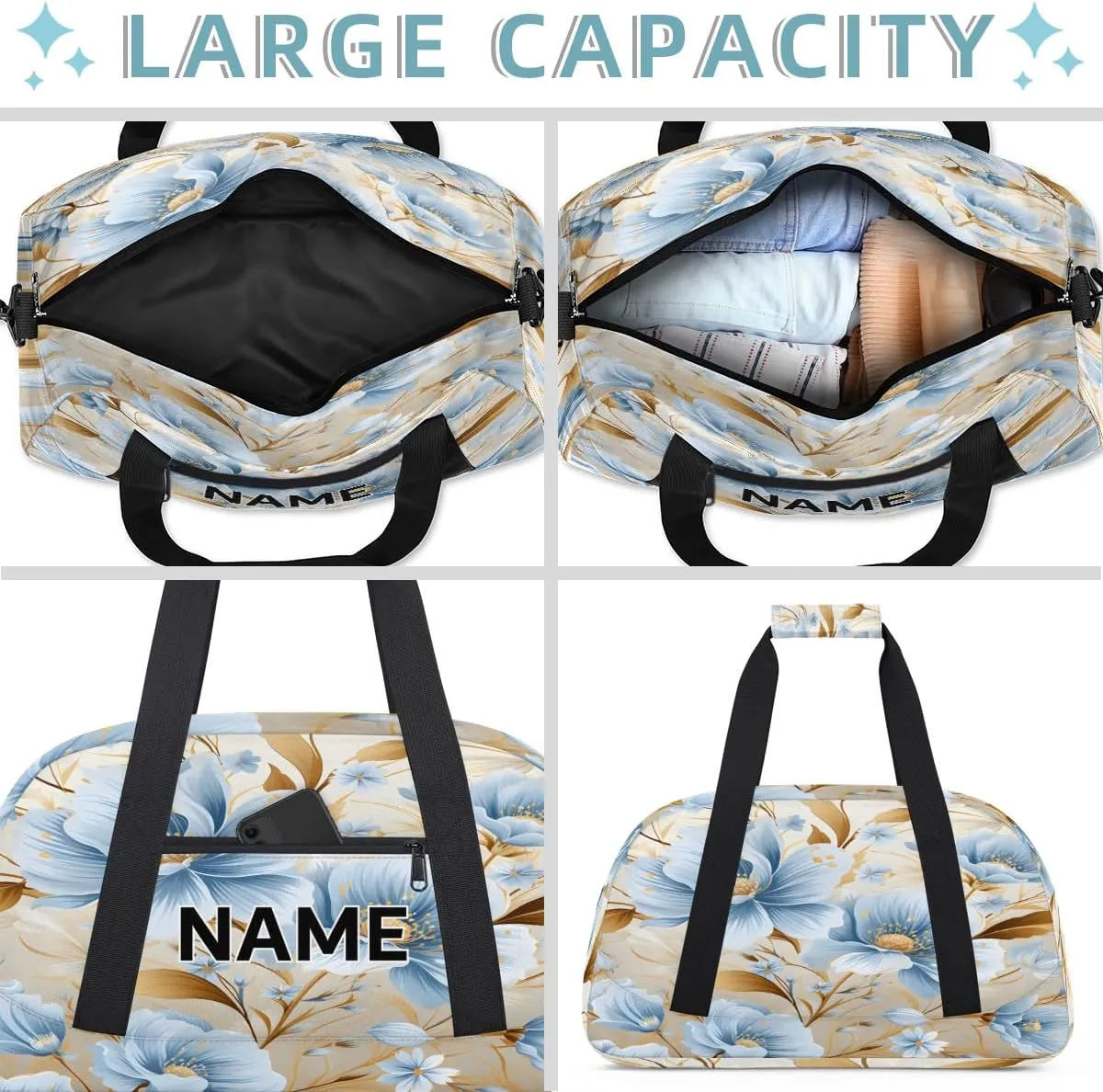 Custom Blue and Gold Small Gym Bag 18 inch for Women Men Personalized Floral Carry On Overnight Weekender Bag for Travel Work Dance Sport