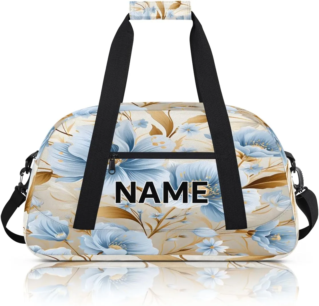 Custom Blue and Gold Small Gym Bag 18 inch for Women Men Personalized Floral Carry On Overnight Weekender Bag for Travel Work Dance Sport