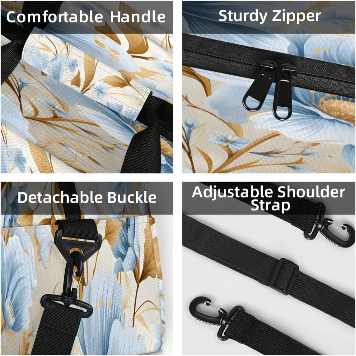 Custom Blue and Gold Small Gym Bag 18 inch for Women Men Personalized Floral Carry On Overnight Weekender Bag for Travel Work Dance Sport
