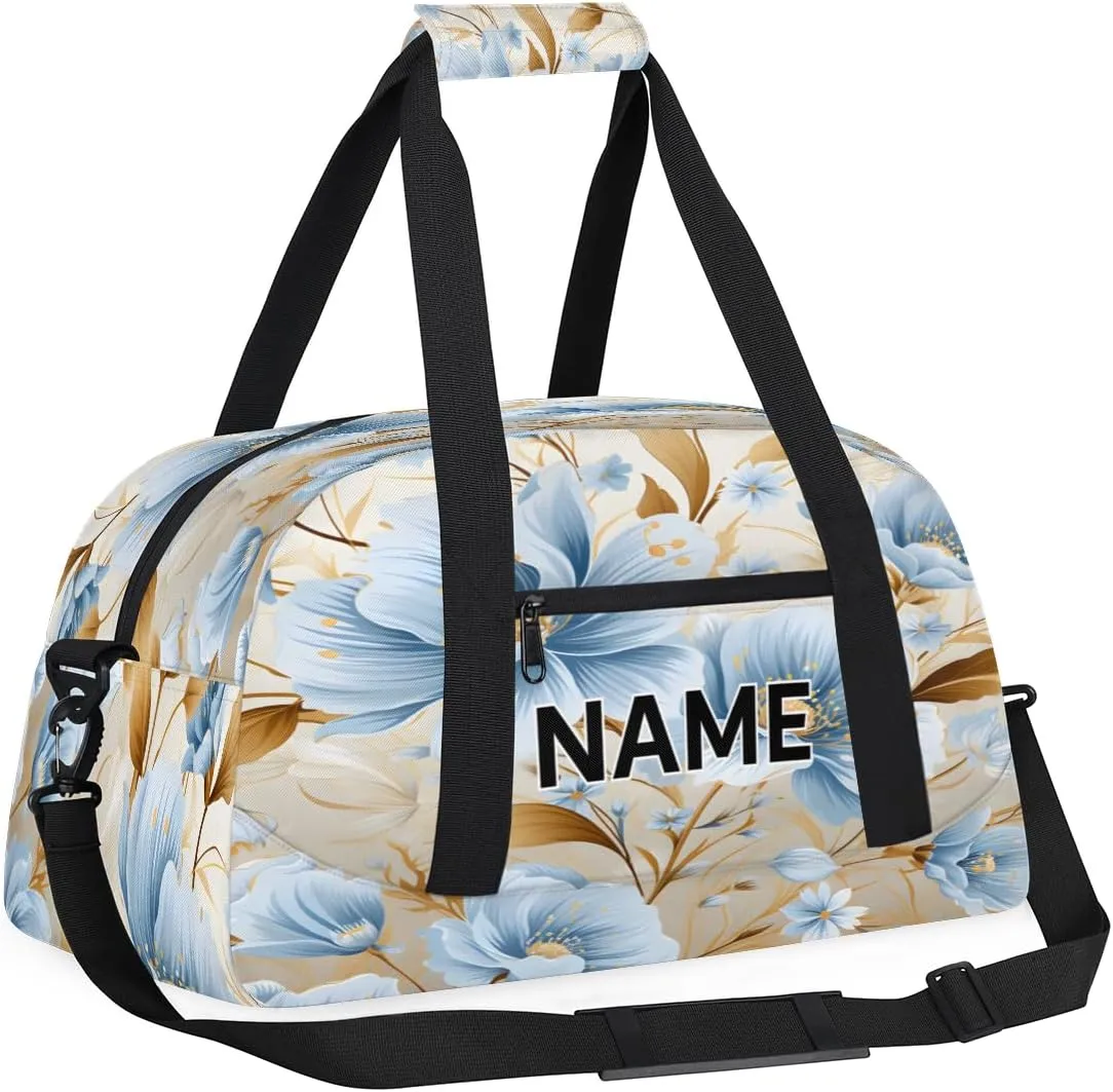 Custom Blue and Gold Small Gym Bag 18 inch for Women Men Personalized Floral Carry On Overnight Weekender Bag for Travel Work Dance Sport