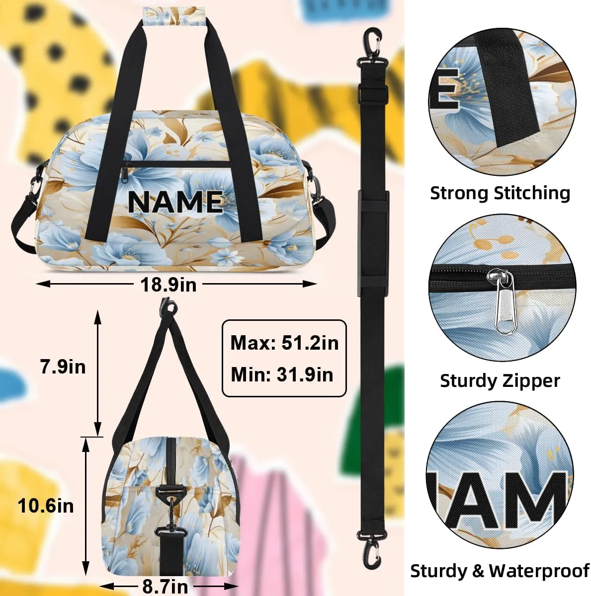 Custom Blue and Gold Small Gym Bag 18 inch for Women Men Personalized Floral Carry On Overnight Weekender Bag for Travel Work Dance Sport