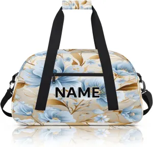 Custom Blue and Gold Small Gym Bag 18 inch for Women Men Personalized Floral Carry On Overnight Weekender Bag for Travel Work Dance Sport