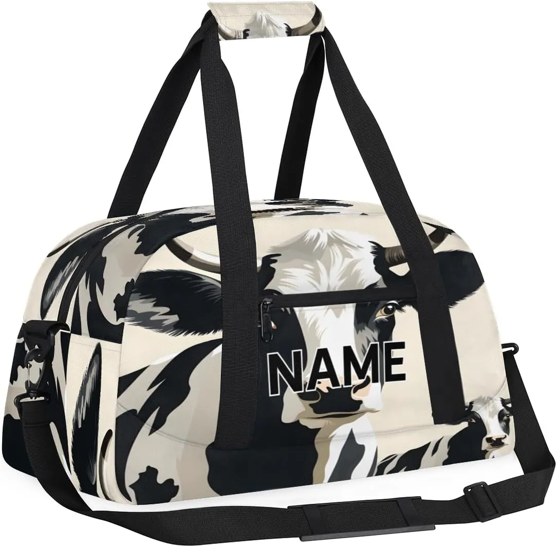 Custom Cow Small Gym Bag 18 inch for Women Men Personalized Cute Carry On Overnight Weekender Bag for Travel Work Dance Sport