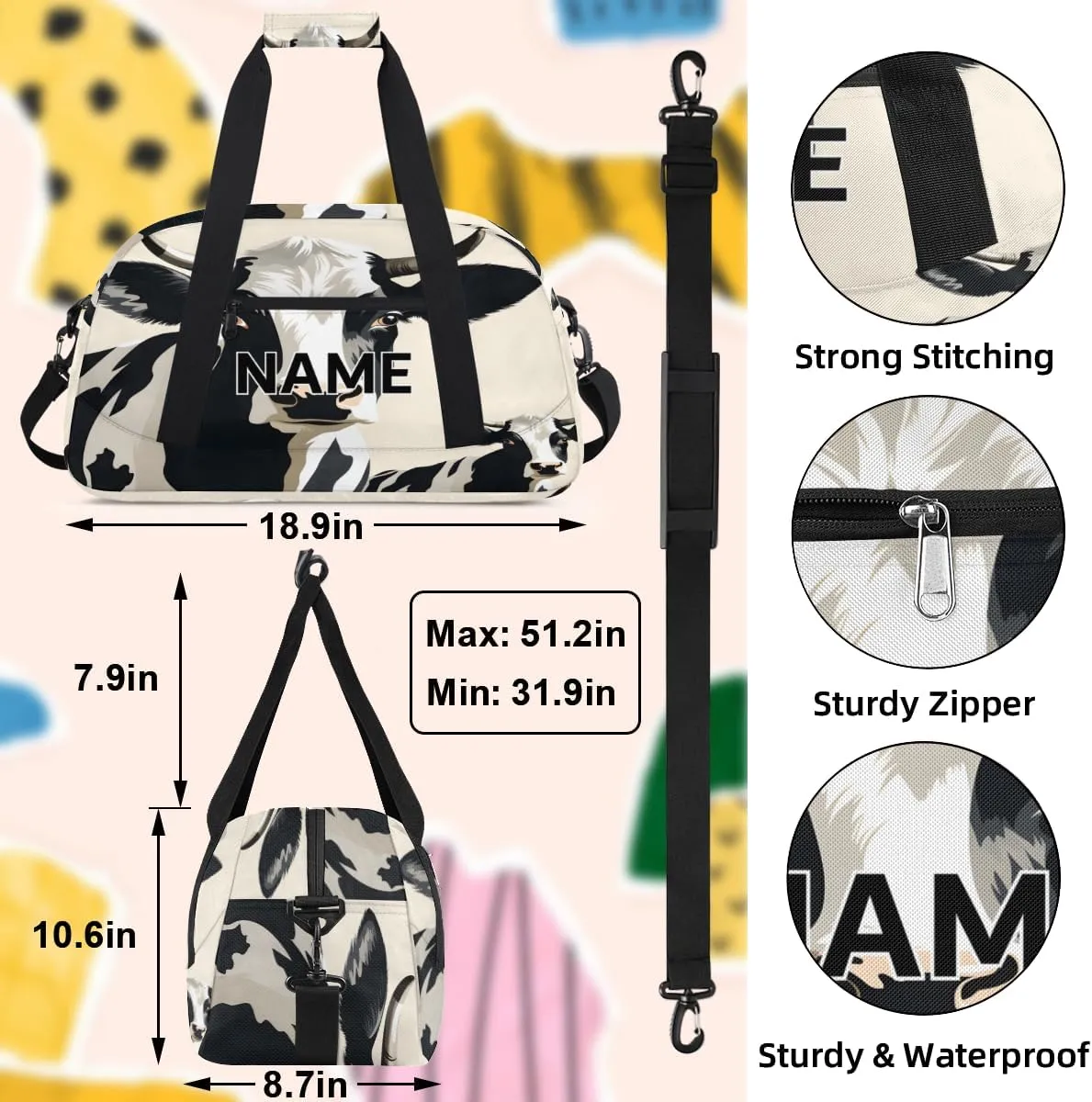 Custom Cow Small Gym Bag 18 inch for Women Men Personalized Cute Carry On Overnight Weekender Bag for Travel Work Dance Sport