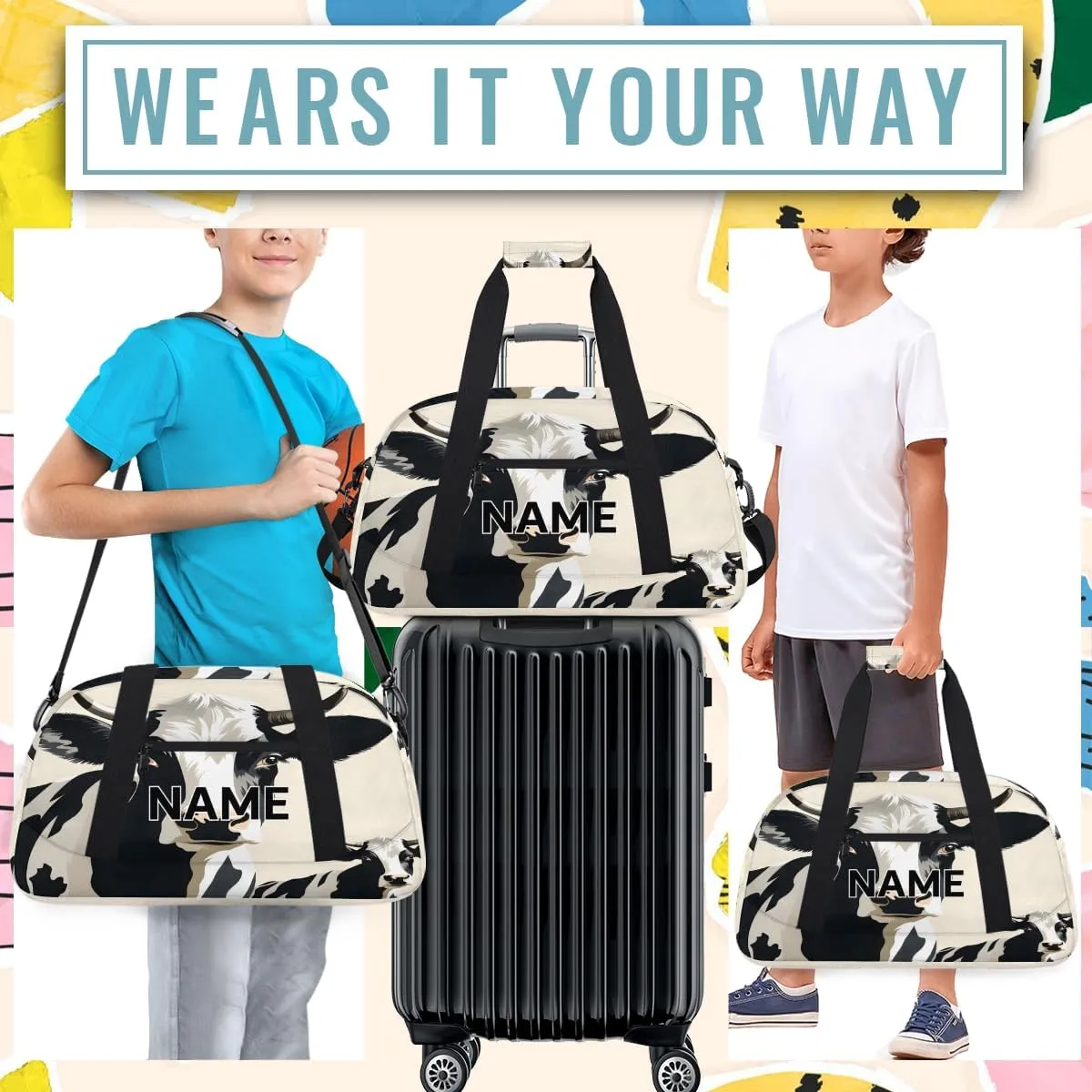 Custom Cow Small Gym Bag 18 inch for Women Men Personalized Cute Carry On Overnight Weekender Bag for Travel Work Dance Sport