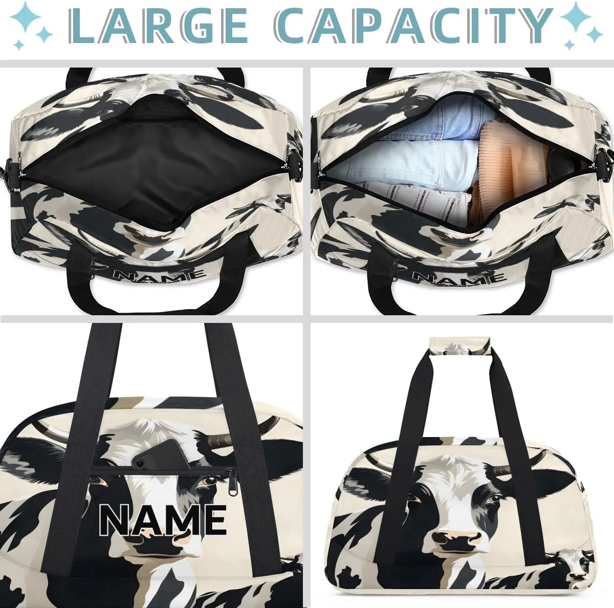 Custom Cow Small Gym Bag 18 inch for Women Men Personalized Cute Carry On Overnight Weekender Bag for Travel Work Dance Sport