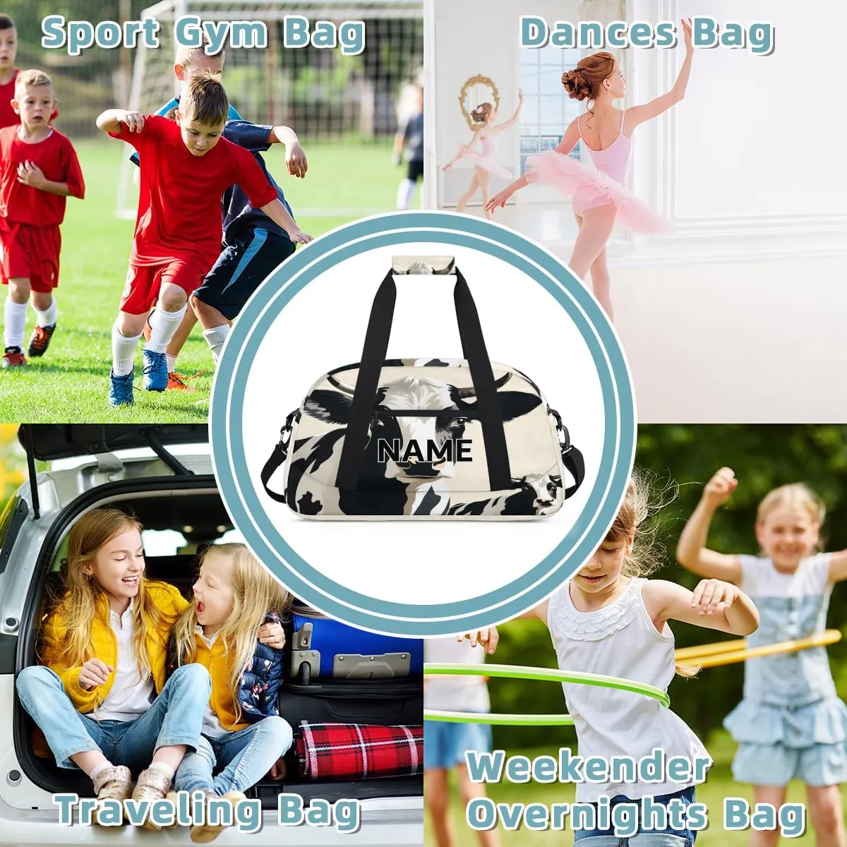 Custom Cow Small Gym Bag 18 inch for Women Men Personalized Cute Carry On Overnight Weekender Bag for Travel Work Dance Sport