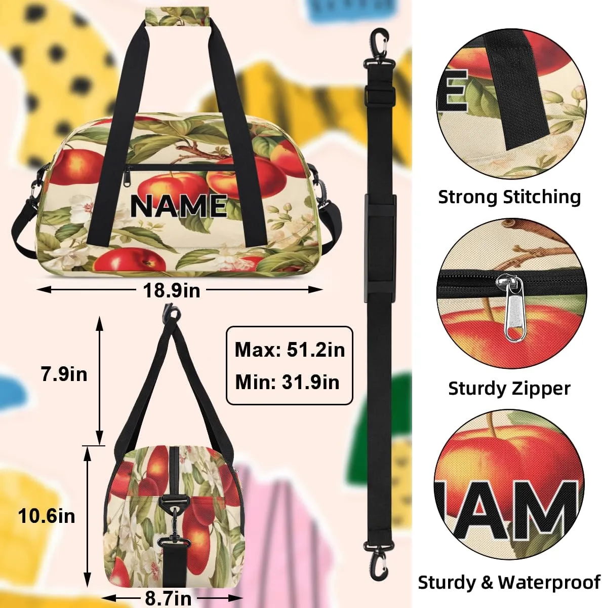 Custom Farm Apples Small Gym Bag 18 inch for Women Men Personalized Apples Carry On Overnight Weekender Bag for Travel Work Dance Sport