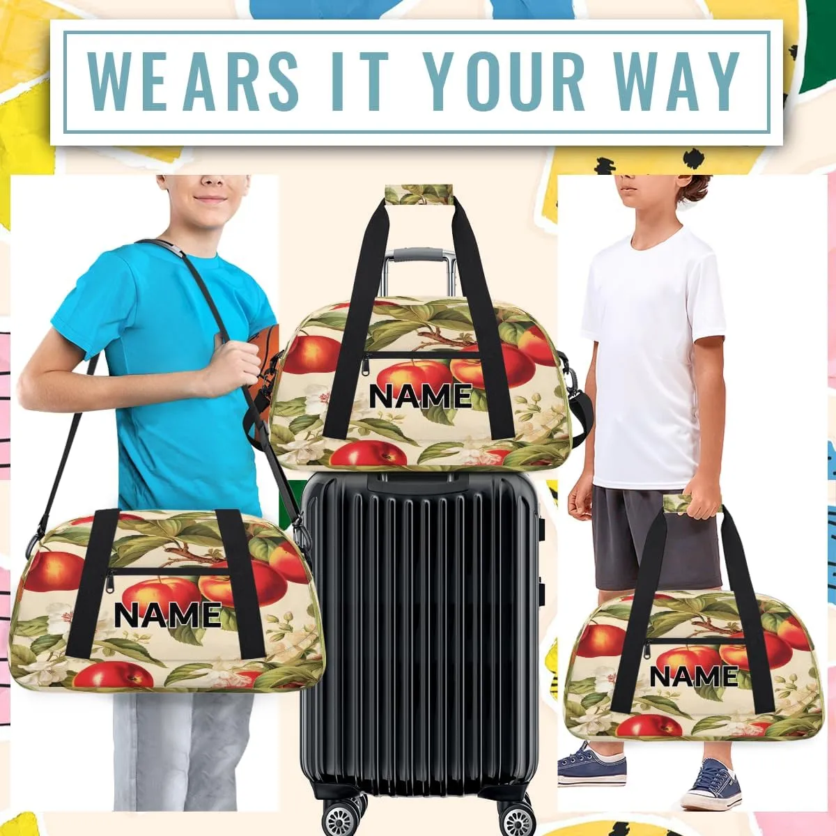 Custom Farm Apples Small Gym Bag 18 inch for Women Men Personalized Apples Carry On Overnight Weekender Bag for Travel Work Dance Sport