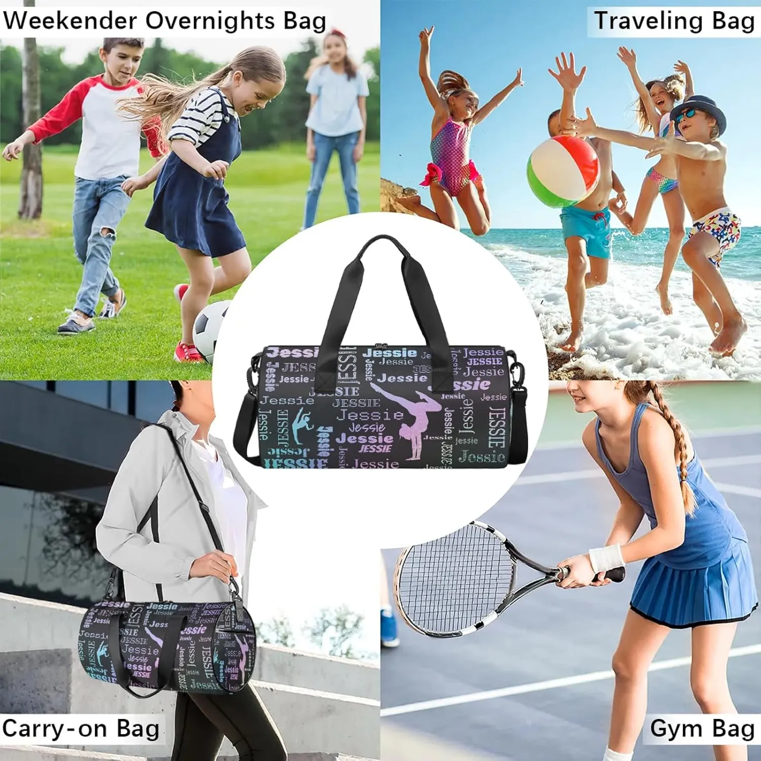 Custom Gymnastics Duffel Bag Personalized Sports Bag with Name Overnight Weekender Duffel Bag Customized Gym Sport Gifts for Women Men, Blue Purple