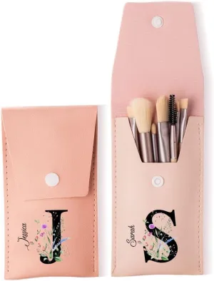 Custom Makeup Brush Case With 8 Pcs Brushes Personalized Initial Name Travel Makeup Brush Holder Organizer Floral Birthday Cosmetic Bag Gifts For Women Mother 4 Colors Size 6.1×3.5INCH