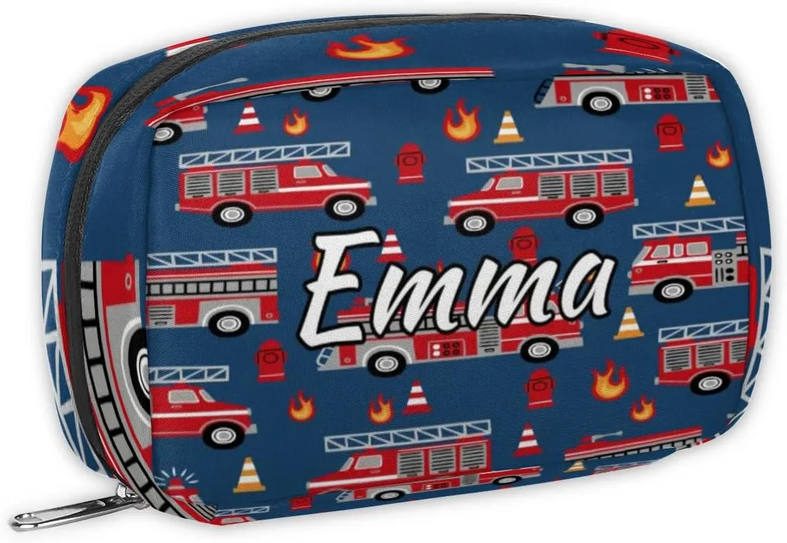 Custom Name Cosmetic Bag, Fire Engines Personalized Bridesmaid Makeup Bag, Personalised Gift for Bridesmaid, Cartoon Truck Travel Makeup Bag, Bridesmaid Gifts, Organizer