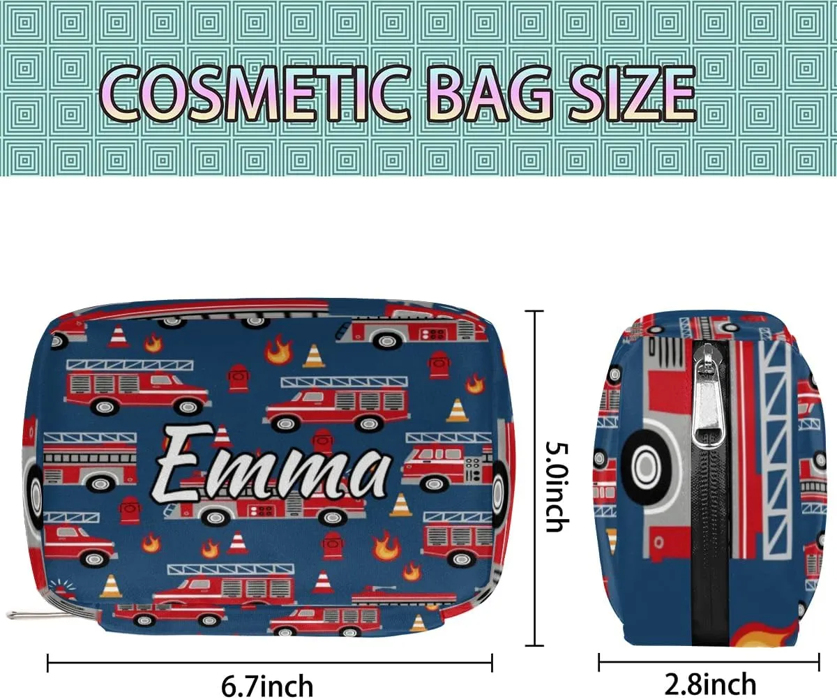 Custom Name Cosmetic Bag, Fire Engines Personalized Bridesmaid Makeup Bag, Personalised Gift for Bridesmaid, Cartoon Truck Travel Makeup Bag, Bridesmaid Gifts, Organizer