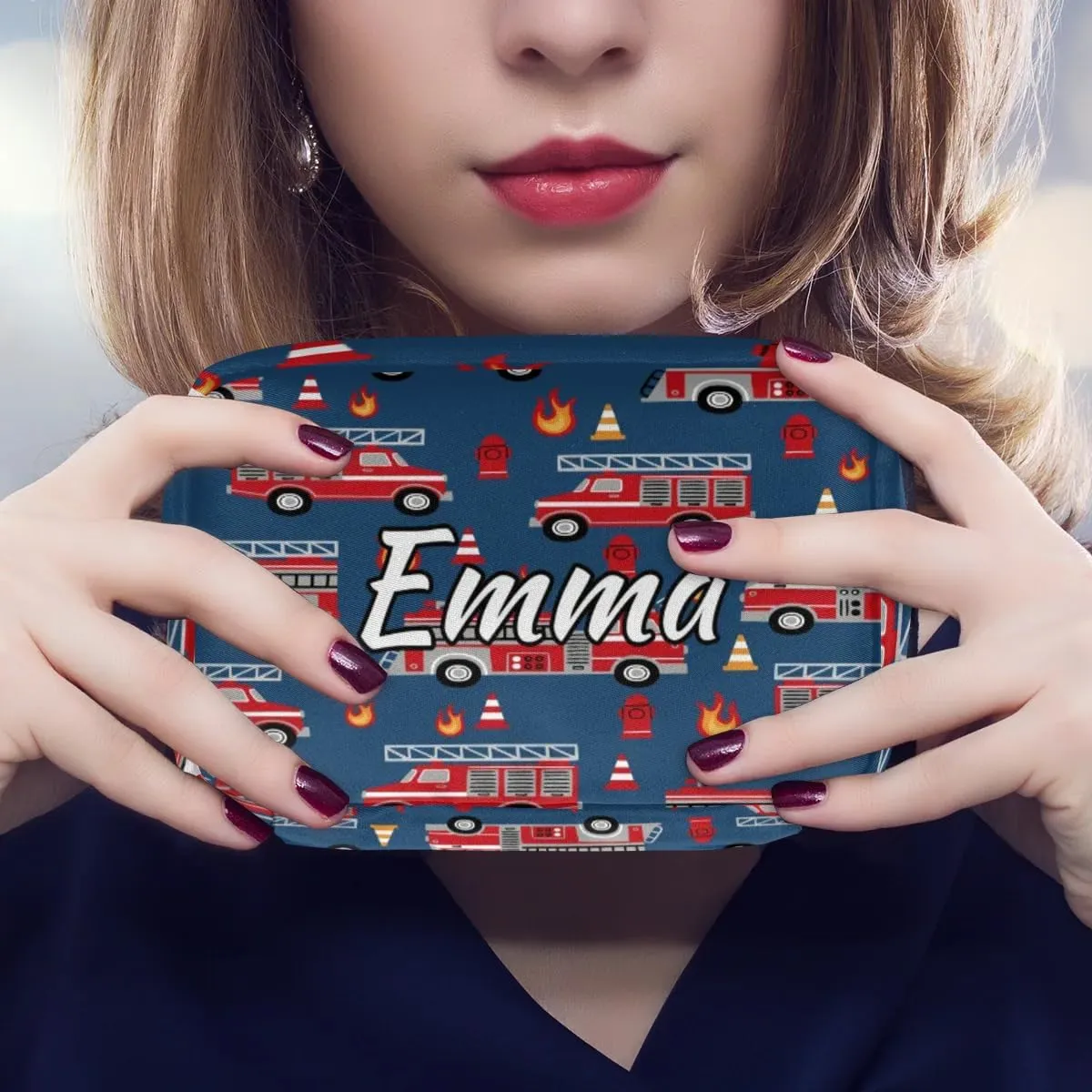 Custom Name Cosmetic Bag, Fire Engines Personalized Bridesmaid Makeup Bag, Personalised Gift for Bridesmaid, Cartoon Truck Travel Makeup Bag, Bridesmaid Gifts, Organizer
