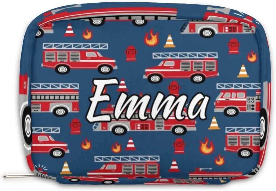 Custom Name Cosmetic Bag, Fire Engines Personalized Bridesmaid Makeup Bag, Personalised Gift for Bridesmaid, Cartoon Truck Travel Makeup Bag, Bridesmaid Gifts, Organizer