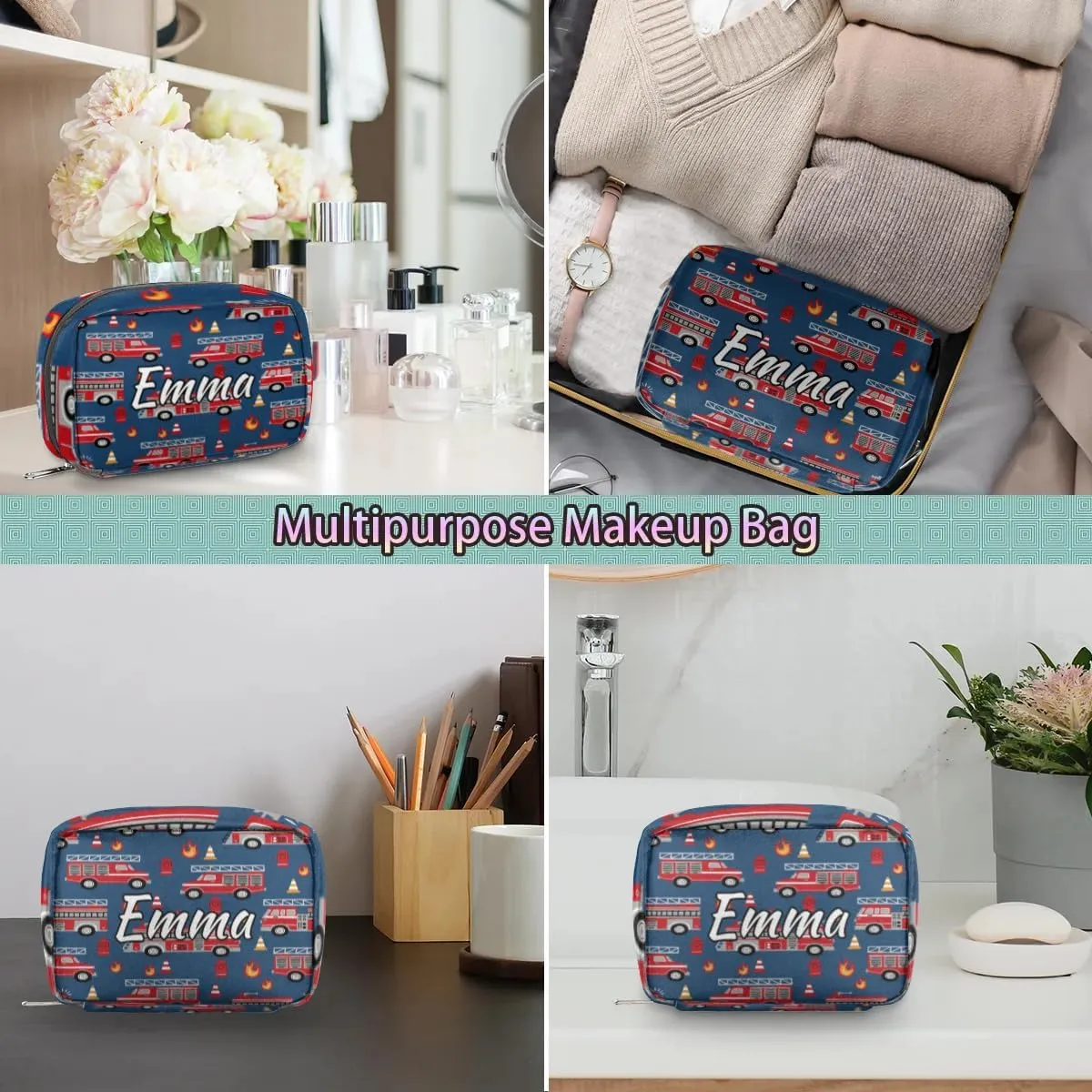 Custom Name Cosmetic Bag, Fire Engines Personalized Bridesmaid Makeup Bag, Personalised Gift for Bridesmaid, Cartoon Truck Travel Makeup Bag, Bridesmaid Gifts, Organizer