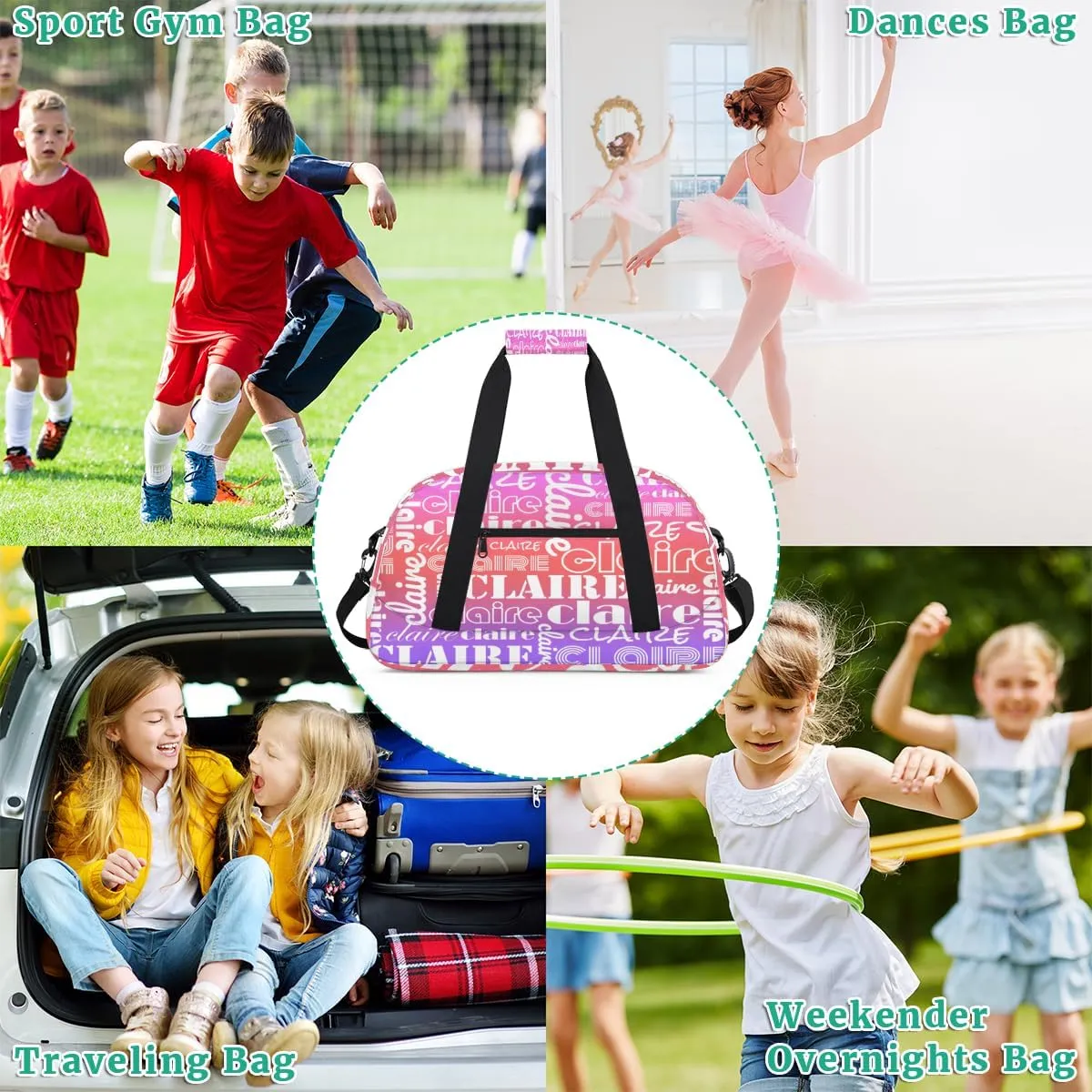 Custom Name Kids Gym Sport Bag for Boys Girls, Personalized Gymnastics Ballet Dance Bag Customized Small Duffel Travel Bag Teen Weekender Overnight Bag, Rainbow