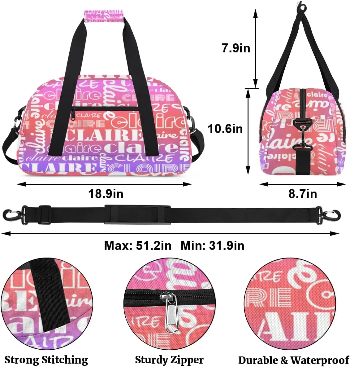 Custom Name Kids Gym Sport Bag for Boys Girls, Personalized Gymnastics Ballet Dance Bag Customized Small Duffel Travel Bag Teen Weekender Overnight Bag, Rainbow
