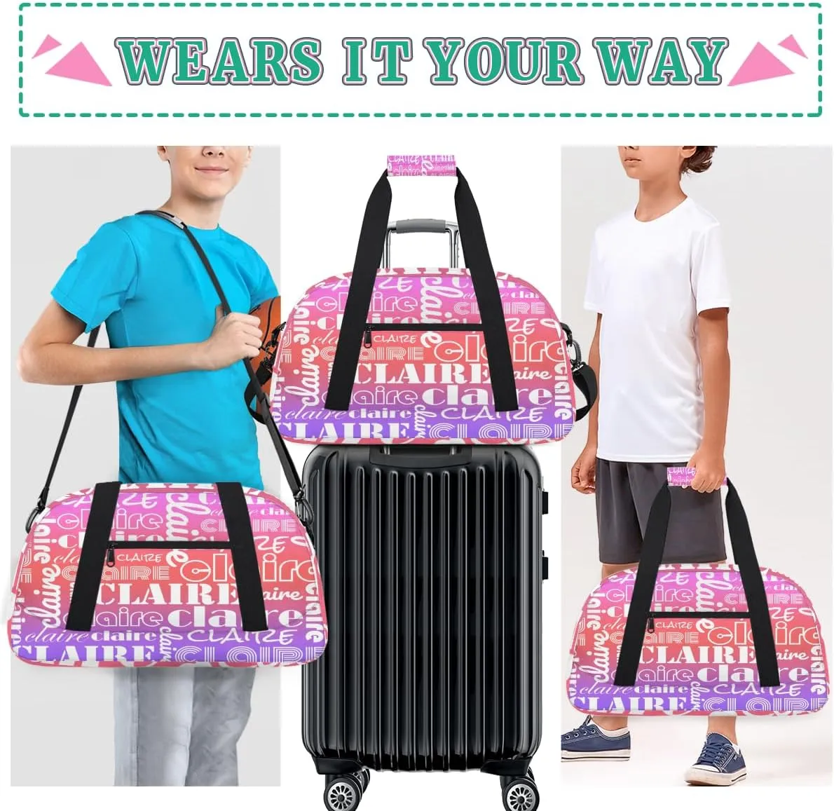 Custom Name Kids Gym Sport Bag for Boys Girls, Personalized Gymnastics Ballet Dance Bag Customized Small Duffel Travel Bag Teen Weekender Overnight Bag, Rainbow