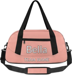 Custom Sport Gym Bag, Personalized Name and Team Name Overnight Duffel Bag for Boys Girls Dance Weekender Bags Travel Tote Bag, Pale Pink