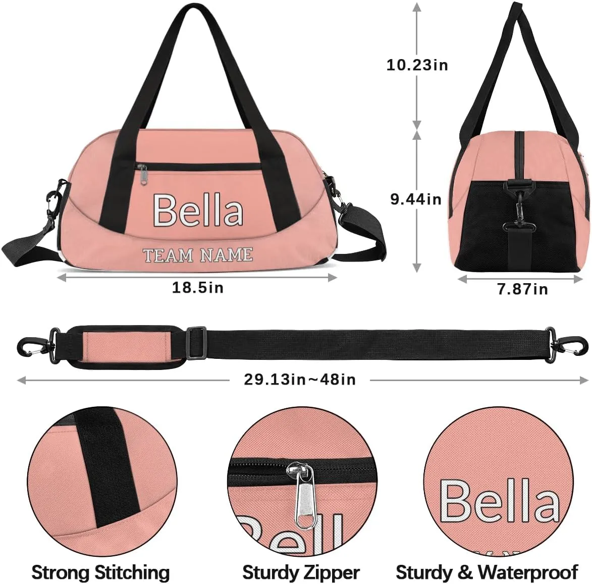 Custom Sport Gym Bag, Personalized Name and Team Name Overnight Duffel Bag for Boys Girls Dance Weekender Bags Travel Tote Bag, Pale Pink