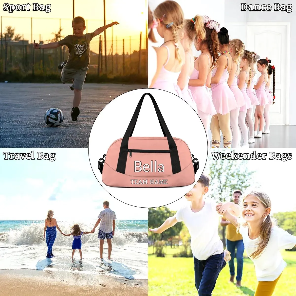 Custom Sport Gym Bag, Personalized Name and Team Name Overnight Duffel Bag for Boys Girls Dance Weekender Bags Travel Tote Bag, Pale Pink