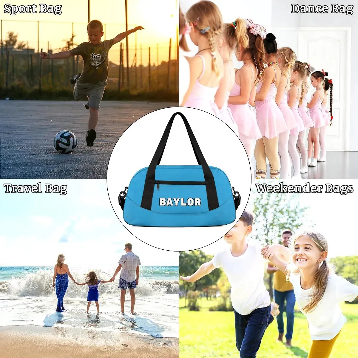 Custom Sport Gym Bag, Personalized Name Overnight Duffel Bag for Boys Girls Dance Weekender Bags Travel Tote Bag, Blue D