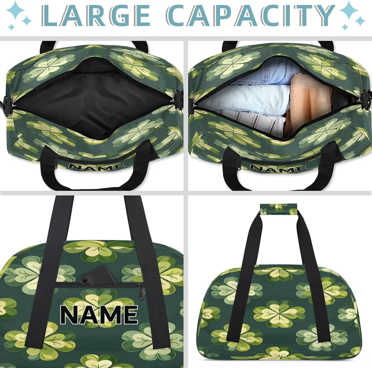 Custom St Patrick's Day Small Gym Bag 18 inch for Women Men Personalized Lucky Clover Carry On Overnight Weekender Bag for Travel Work Dance Sport