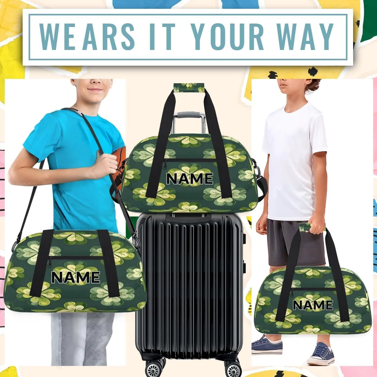 Custom St Patrick's Day Small Gym Bag 18 inch for Women Men Personalized Lucky Clover Carry On Overnight Weekender Bag for Travel Work Dance Sport