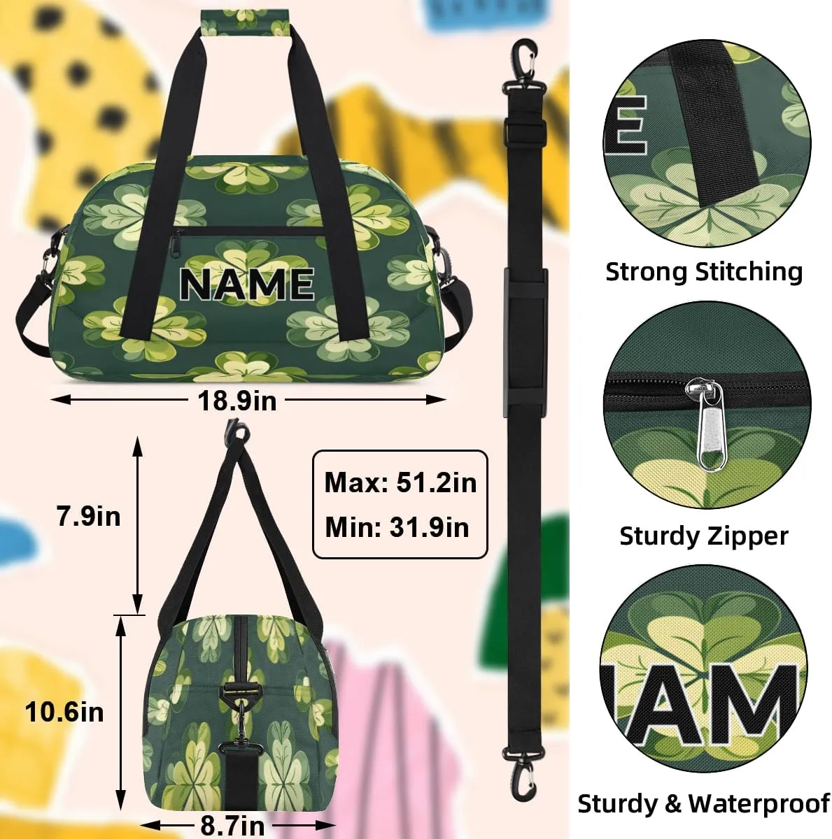Custom St Patrick's Day Small Gym Bag 18 inch for Women Men Personalized Lucky Clover Carry On Overnight Weekender Bag for Travel Work Dance Sport