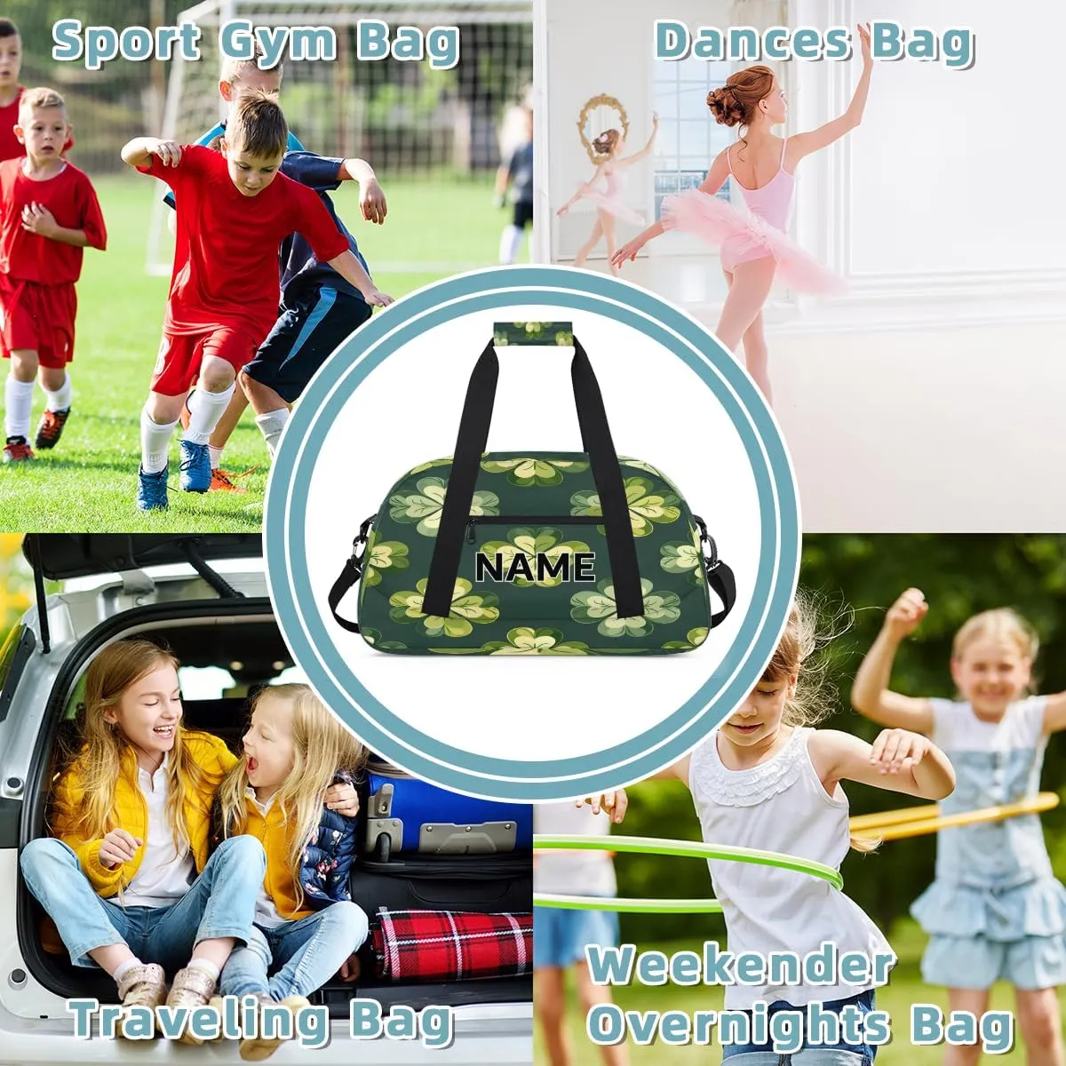 Custom St Patrick's Day Small Gym Bag 18 inch for Women Men Personalized Lucky Clover Carry On Overnight Weekender Bag for Travel Work Dance Sport