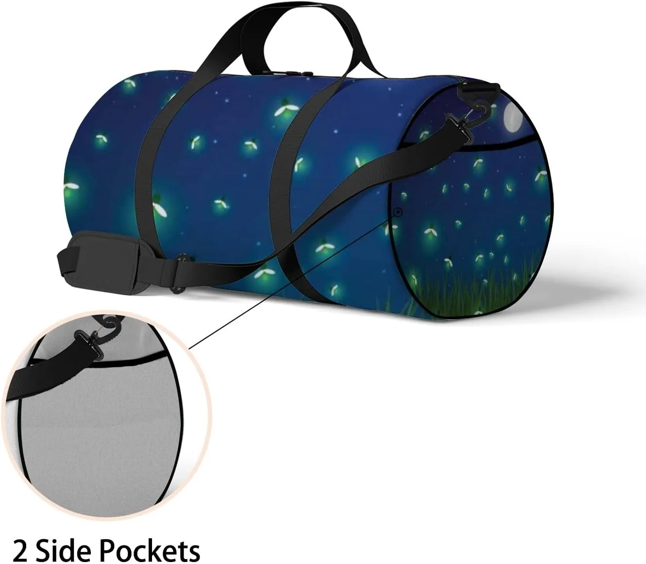 Cute Abstract Green Glowworm and Moon Sports Bag Tote Bag Waterproof Gym Bag with Shoulder Strap Zipper 2 Side Pockets for Men and Women, Travel and Storage Shoulder Bag.