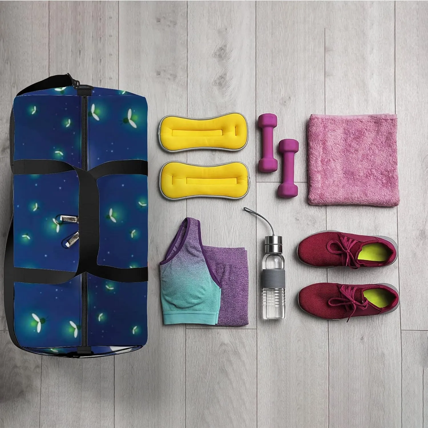 Cute Abstract Green Glowworm and Moon Sports Bag Tote Bag Waterproof Gym Bag with Shoulder Strap Zipper 2 Side Pockets for Men and Women, Travel and Storage Shoulder Bag.