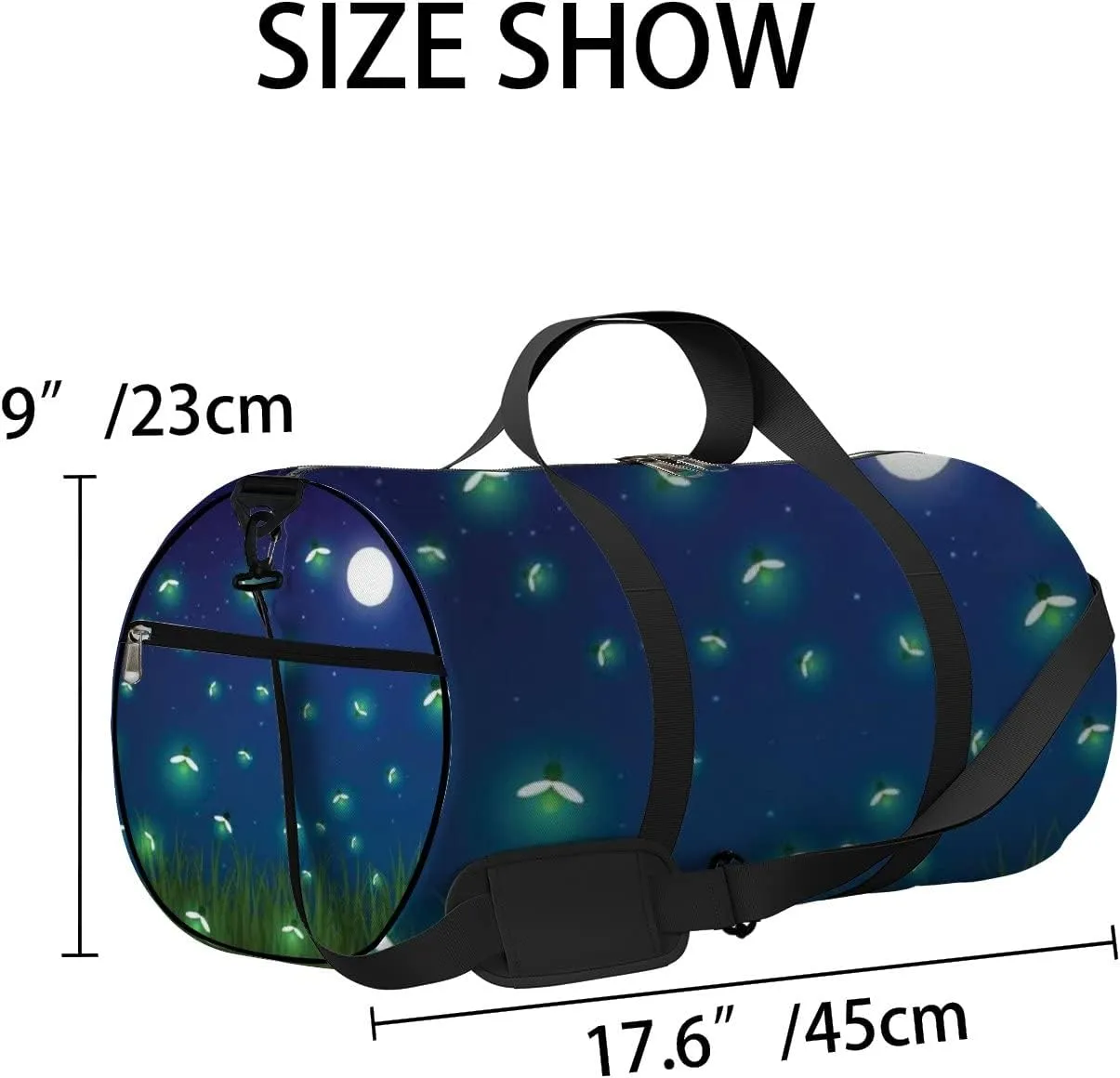 Cute Abstract Green Glowworm and Moon Sports Bag Tote Bag Waterproof Gym Bag with Shoulder Strap Zipper 2 Side Pockets for Men and Women, Travel and Storage Shoulder Bag.