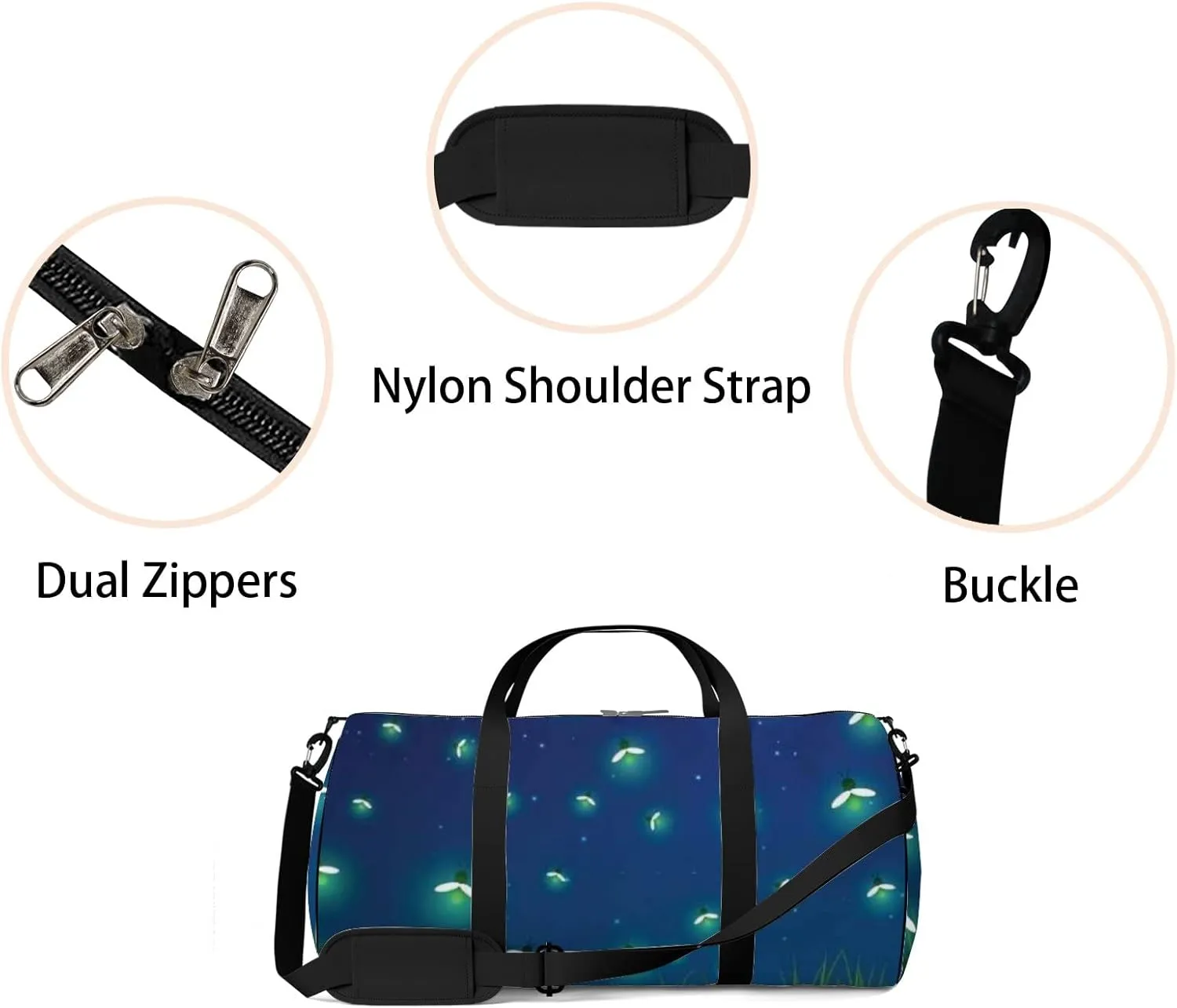 Cute Abstract Green Glowworm and Moon Sports Bag Tote Bag Waterproof Gym Bag with Shoulder Strap Zipper 2 Side Pockets for Men and Women, Travel and Storage Shoulder Bag.