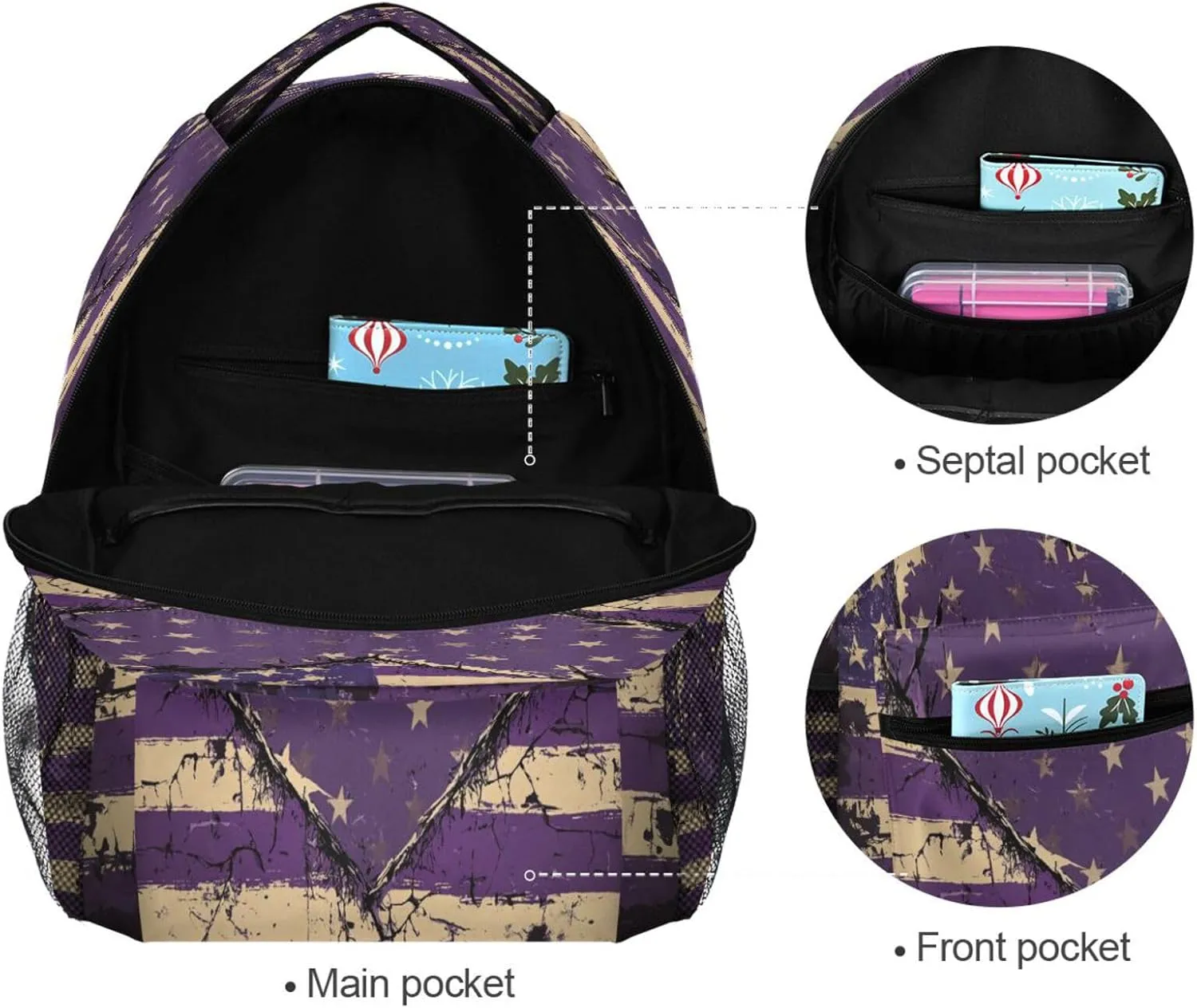 Cute Backpack for Teenager Fashion Vintage Daypacks with Chest Strap Gift Men & Women Purple Heart Day Army