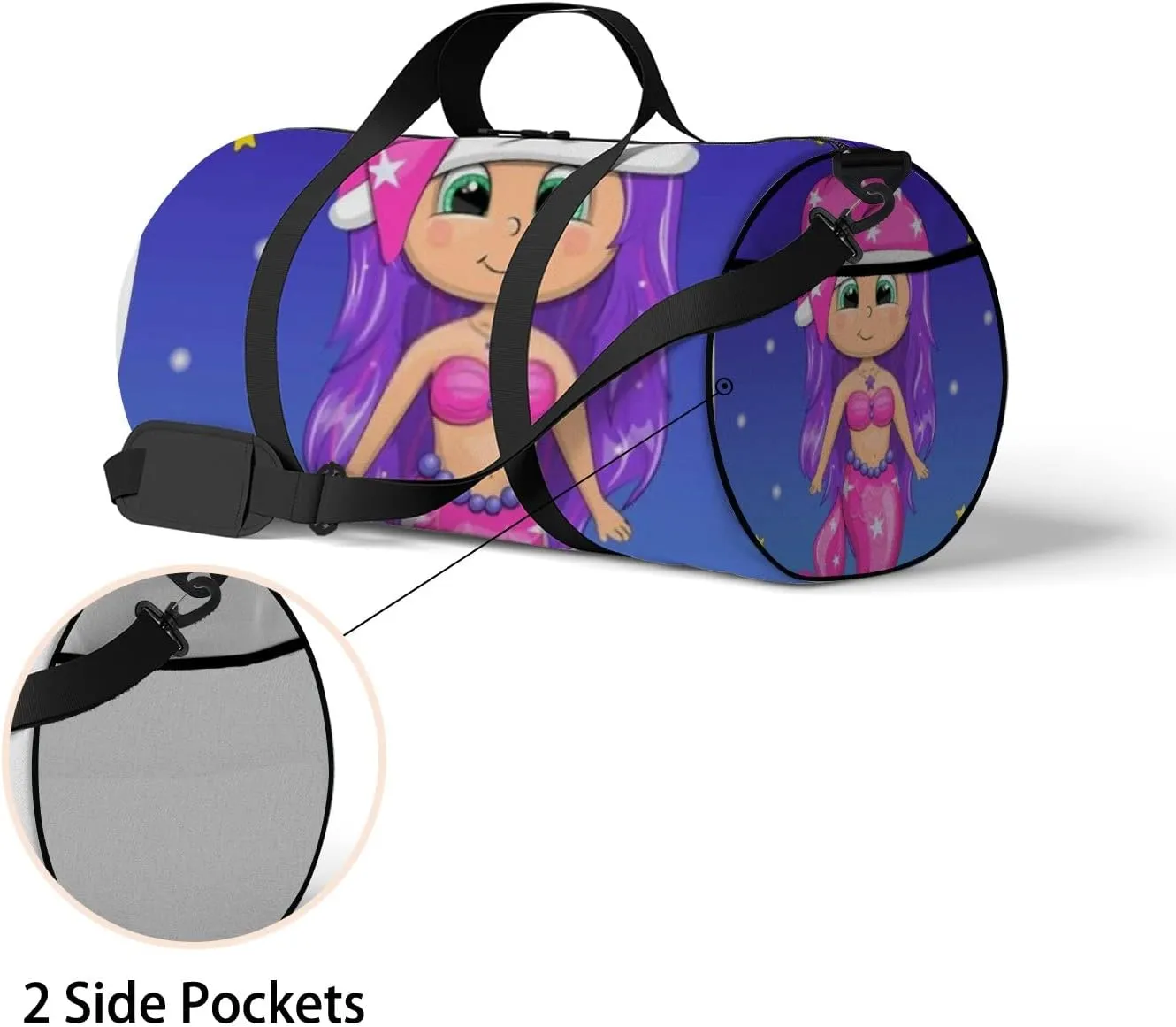 Cute Cartoon Mermaid Pink Nightcap Stars Sports Bag Tote Bag Waterproof Gym Bag with Shoulder Strap Zipper 2 Side Pockets for Men and Women, Travel and Storage Shoulder Bag.