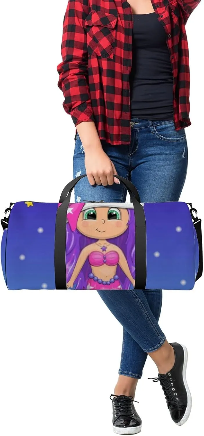 Cute Cartoon Mermaid Pink Nightcap Stars Sports Bag Tote Bag Waterproof Gym Bag with Shoulder Strap Zipper 2 Side Pockets for Men and Women, Travel and Storage Shoulder Bag.