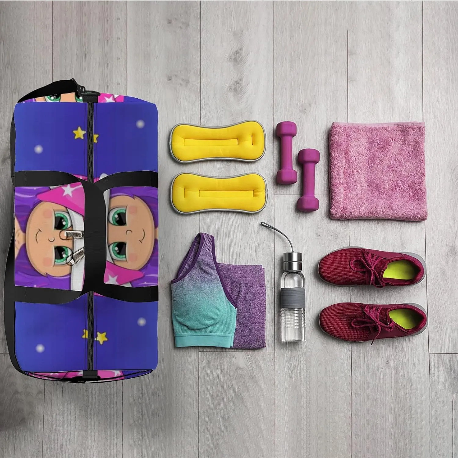 Cute Cartoon Mermaid Pink Nightcap Stars Sports Bag Tote Bag Waterproof Gym Bag with Shoulder Strap Zipper 2 Side Pockets for Men and Women, Travel and Storage Shoulder Bag.