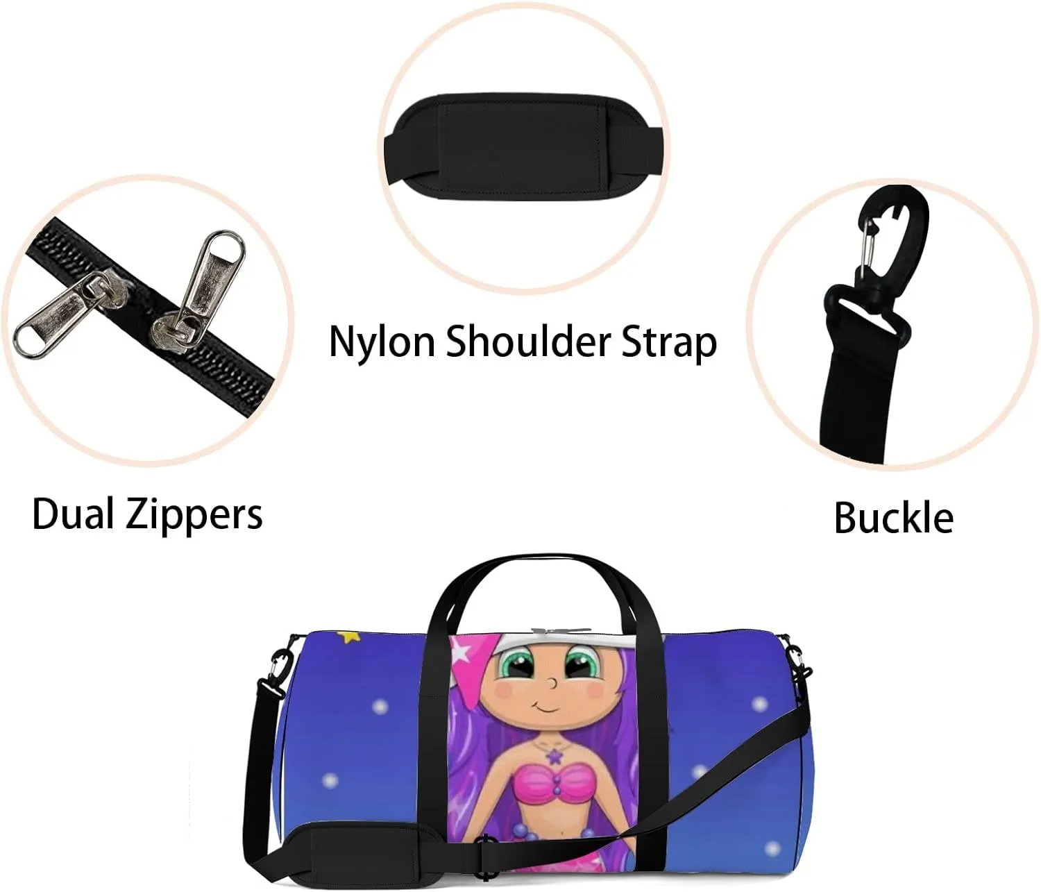 Cute Cartoon Mermaid Pink Nightcap Stars Sports Bag Tote Bag Waterproof Gym Bag with Shoulder Strap Zipper 2 Side Pockets for Men and Women, Travel and Storage Shoulder Bag.