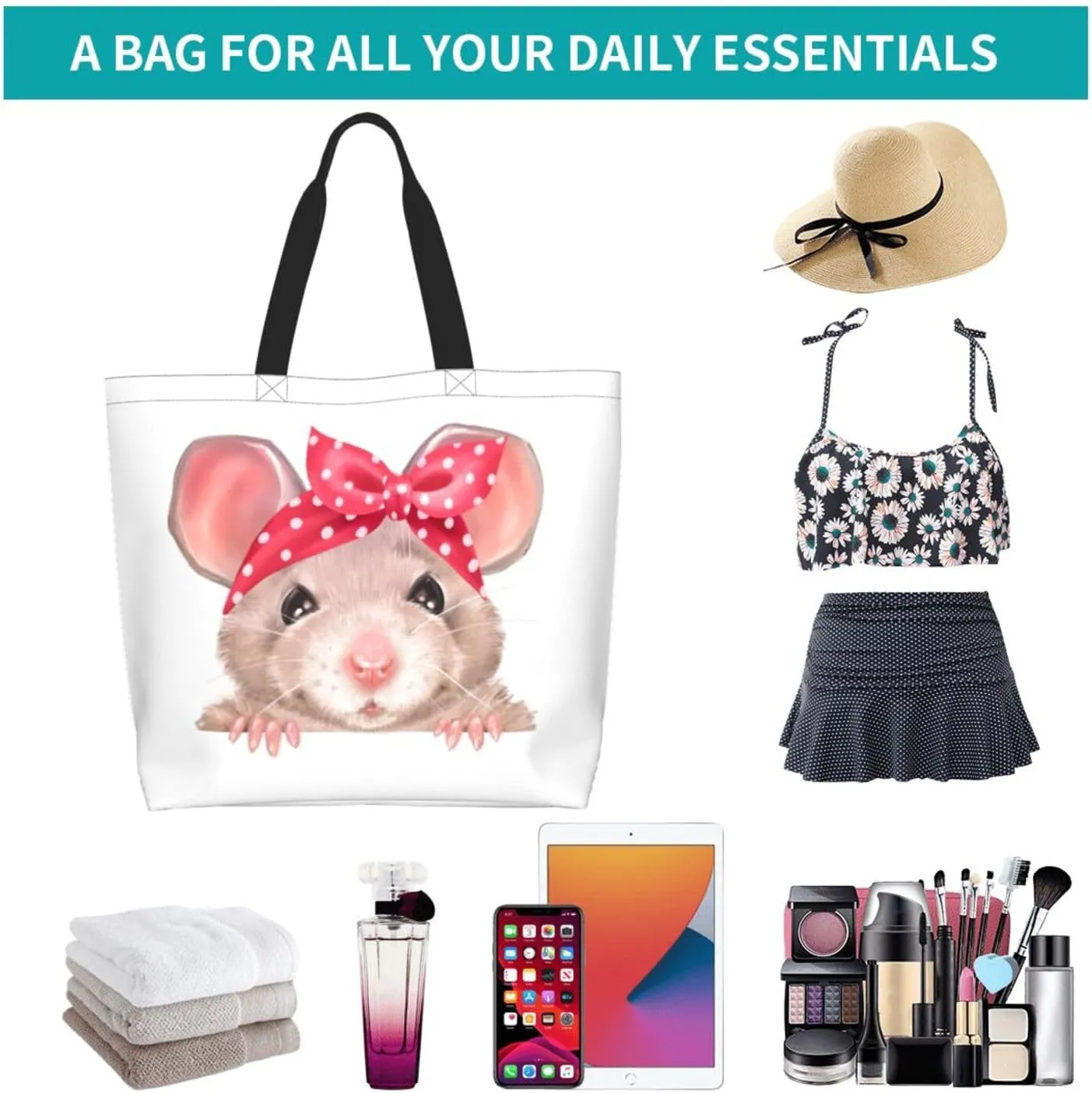 Cute Cartoon Rat Tote Bag Shopping Bag Portable Handbags Tote Shoulder Bucket Bags for Women