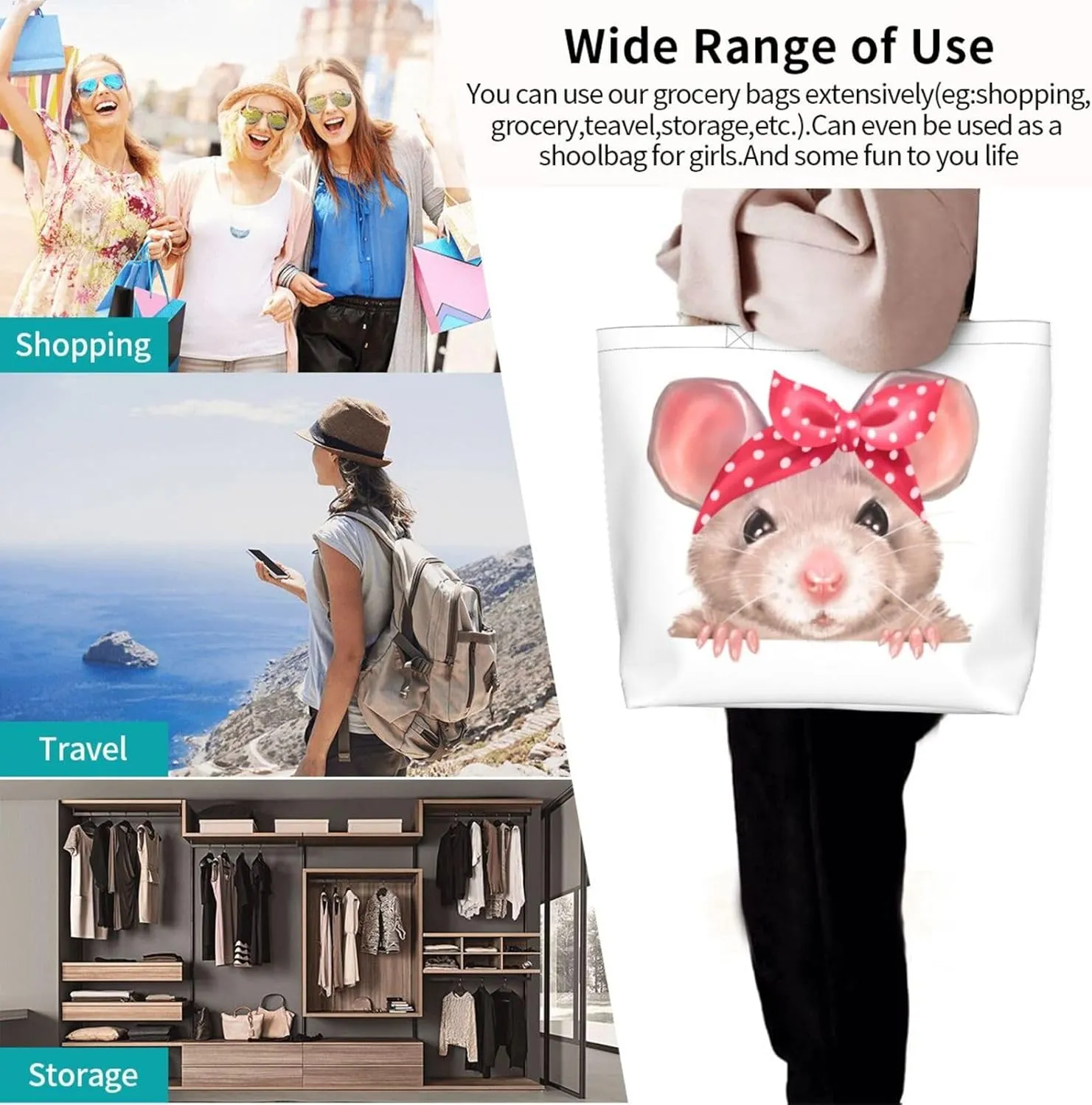 Cute Cartoon Rat Tote Bag Shopping Bag Portable Handbags Tote Shoulder Bucket Bags for Women