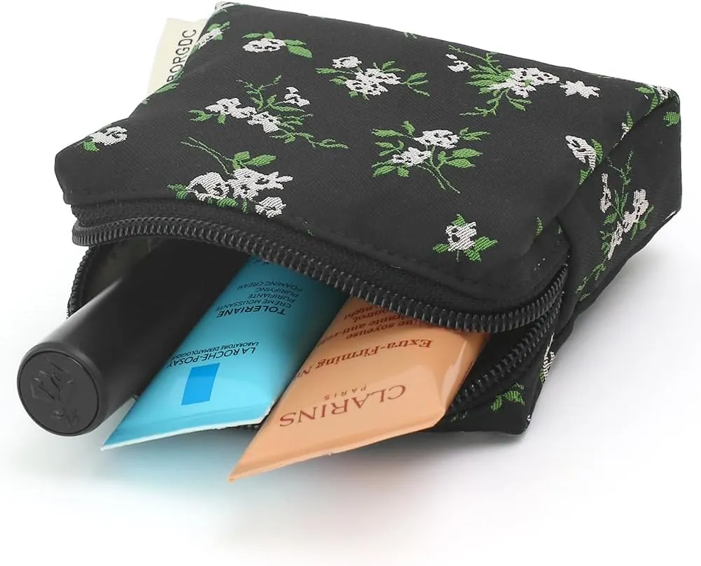 Cute Floral Jacquard Makeup Bag - Portable Cosmetic Pouch for Women, Small Toiletry Bag with Zipper, Skincare Case, Makeup Organizer, Purse & Coin Purse, Perfect for Storage and Travel