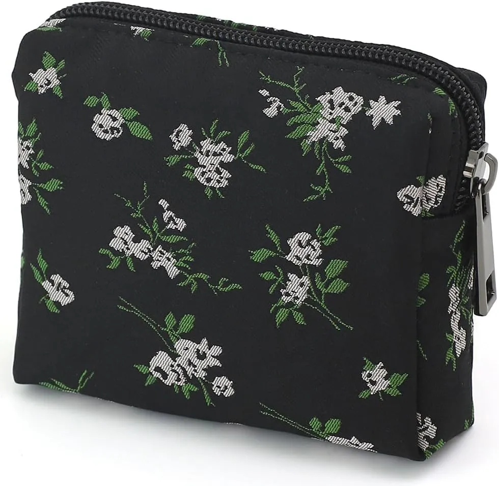 Cute Floral Jacquard Makeup Bag - Portable Cosmetic Pouch for Women, Small Toiletry Bag with Zipper, Skincare Case, Makeup Organizer, Purse & Coin Purse, Perfect for Storage and Travel