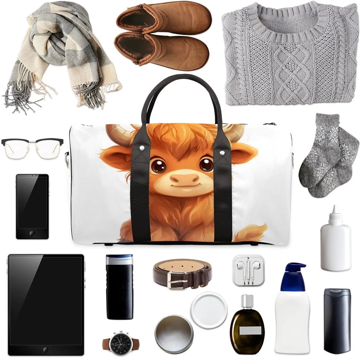Cute Highland Cow Travel Duffle Bag for Women Men Gym Duffel Foldable Bag Waterproof Weekender Funny Cattle Duffle Tote