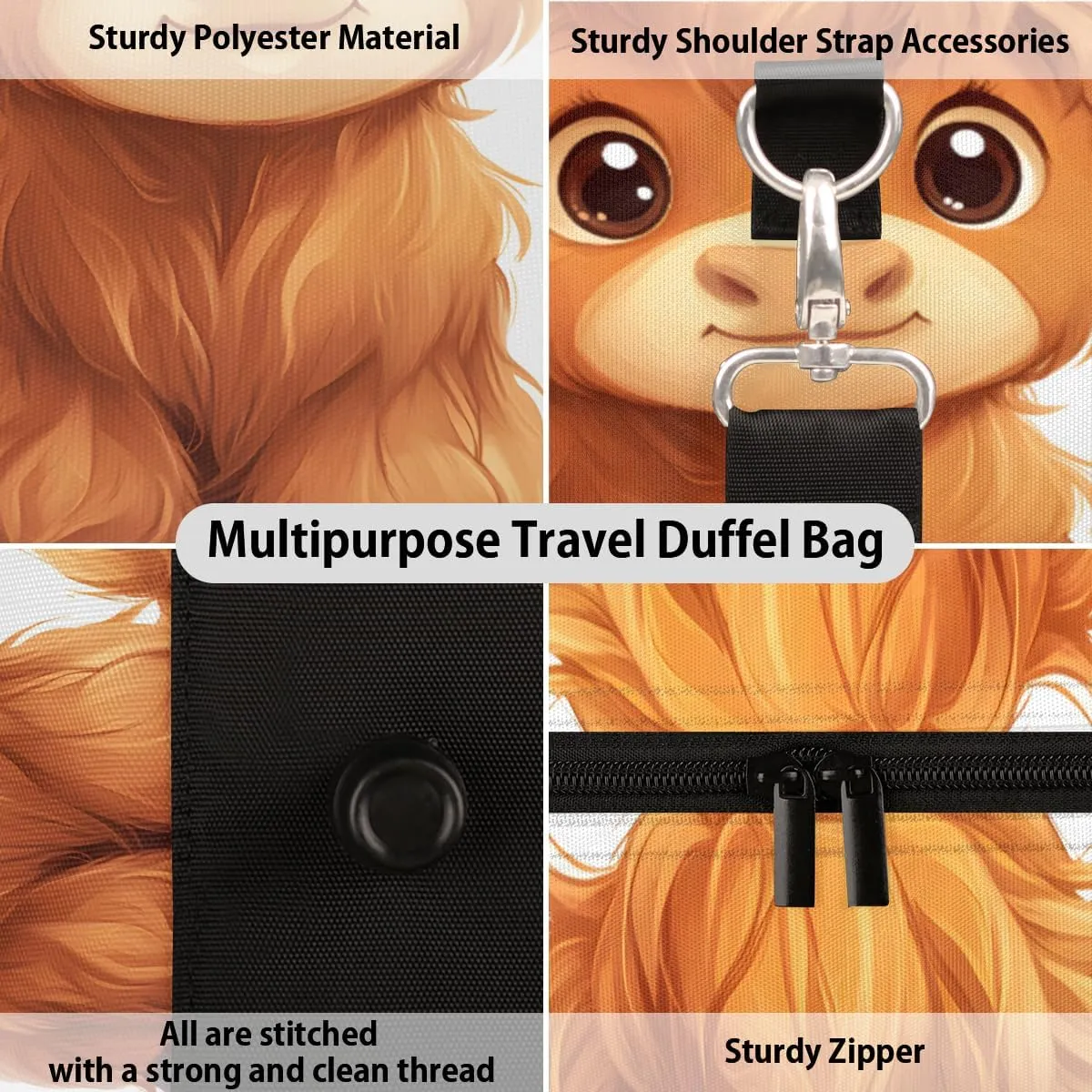 Cute Highland Cow Travel Duffle Bag for Women Men Gym Duffel Foldable Bag Waterproof Weekender Funny Cattle Duffle Tote