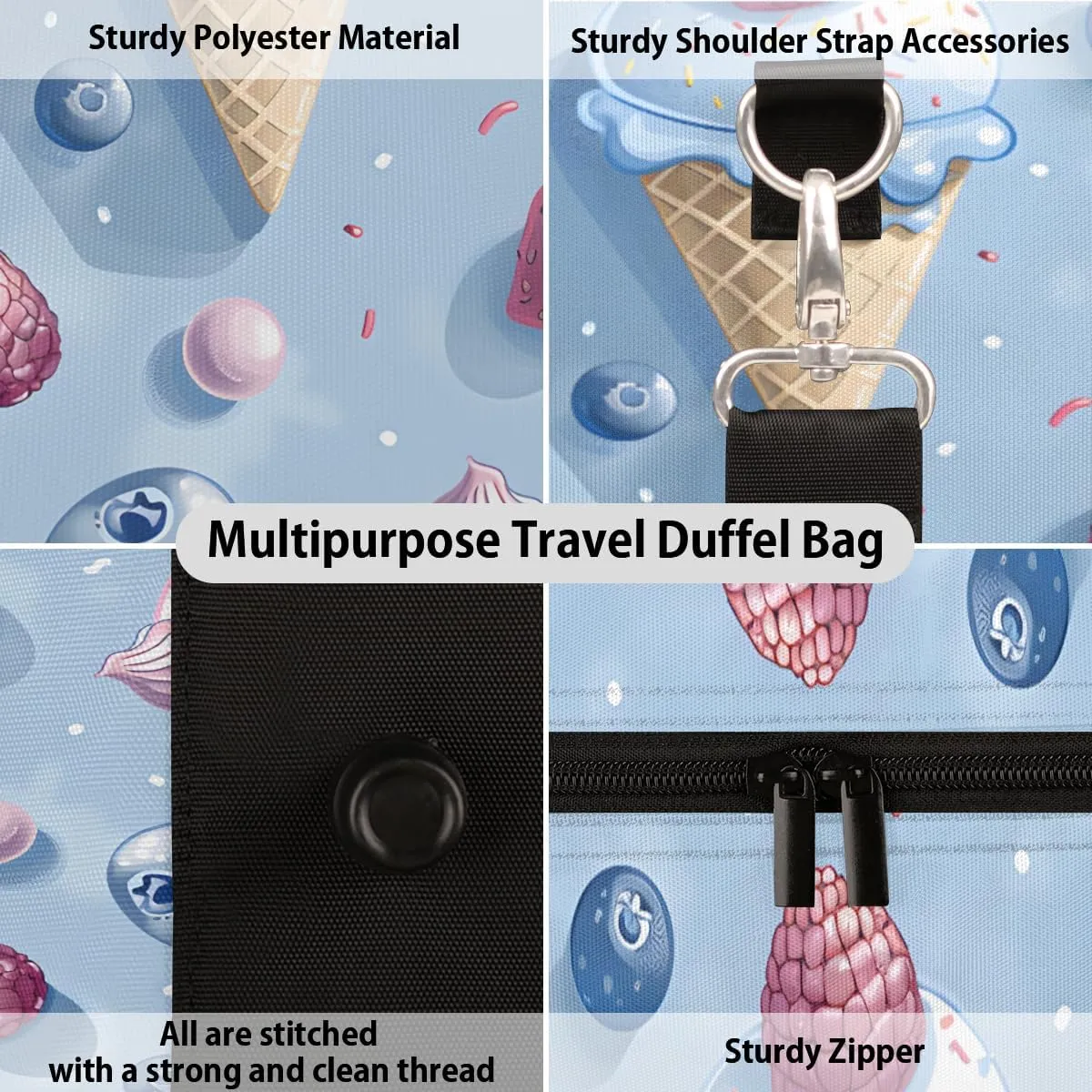 Cute Ice Cream Travel Duffle Bag for Women Men Gym Duffel Foldable Bag Waterproof Weekender Colorful Sweet Duffle Tote