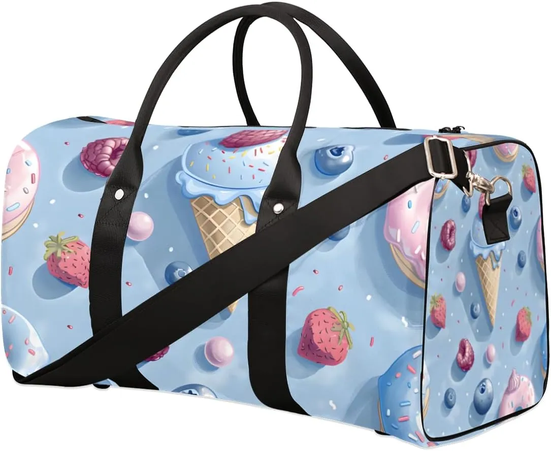 Cute Ice Cream Travel Duffle Bag for Women Men Gym Duffel Foldable Bag Waterproof Weekender Colorful Sweet Duffle Tote